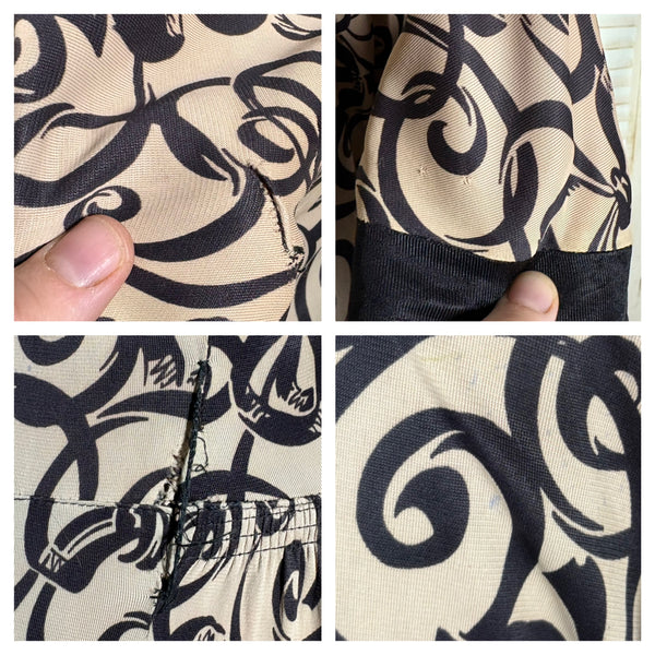 Fabulous 1930s Black And Cream Swirl Pattern Rayon Jersey Dress
