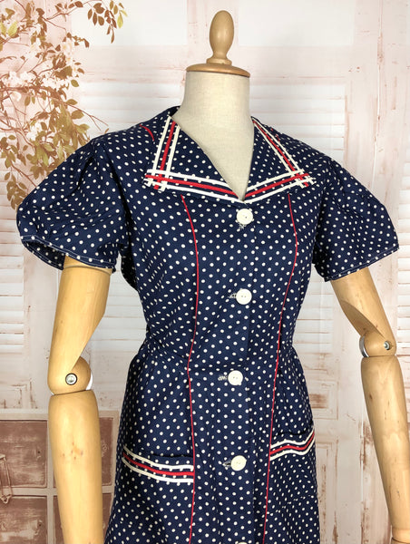 1940s Red White And Blue Spotted Day Dress