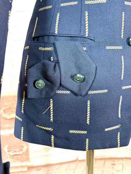 1940s Navy Wool Tailored Jacket – Woven Cream Rope Pattern, Shawl Collar
