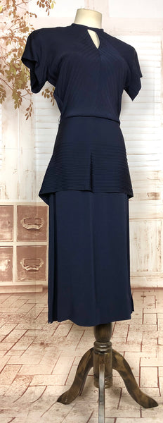 Amazing Original 1940s Vintage Navy Blue Peplum Dress With Incredible Pin Tuck Details