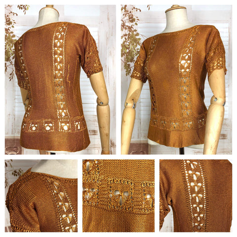 LAYAWAY PAYMENT 1 OF 2 - RESERVED FOR GILDA - Incredible Original Late 1920s / Early 1930s Vintage Rust Orange Lace Knit Sweater