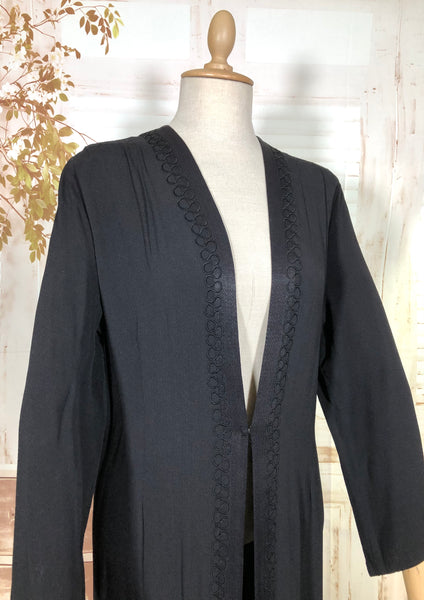Classic Lightweight 1930s Black Crepe Coat With Soutache Trim