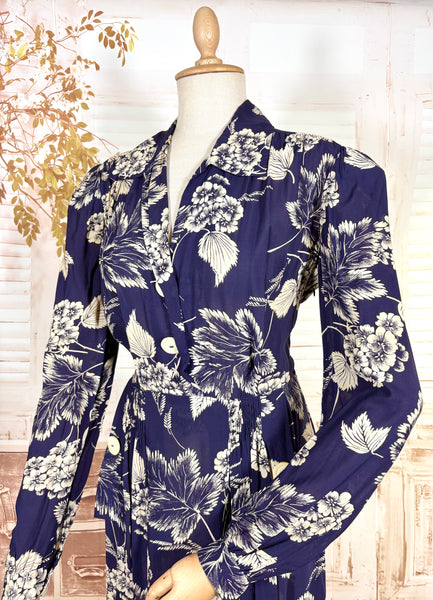 Navy Blue And White 1940s Day Dress With Large Floral Print
