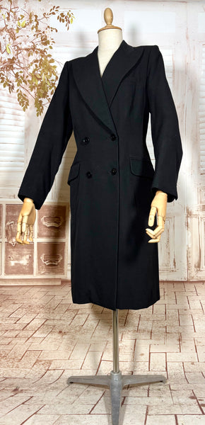 Classic Double Breasted Black 1940s Coat With Cinched Belt Back
