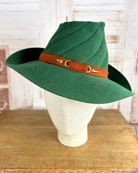 Super Rare Forest Green 1940s Fedora Hat With Red Suede Band