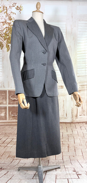 Sharply Tailored 1940s Grey Pinstripe Skirt Suit with Contrast Lapels