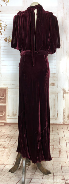 Incredible Original 1930s Vintage Burgundy Silk Velvet Evening Gown Dress With Low Back