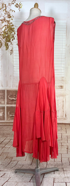 1920s Coral Silk Chiffon Beaded Flapper Dress