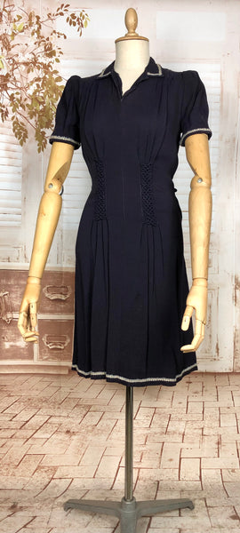 Fabulous Navy 1930s Dress With Puff Sleeves And Rouleau Trim