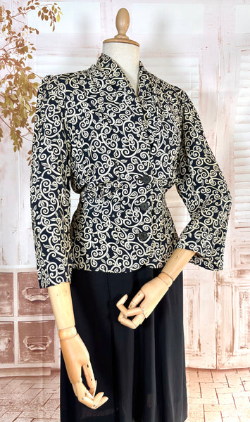 1940s Dress Suit – Scroll Print Jacket with Red Shoulder Stripe Dress