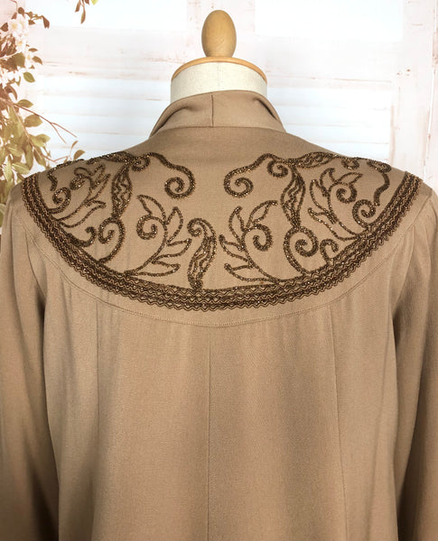 Rare And Exquisite Original 1940s Volup Vintage Beaded Tan Swing Coat