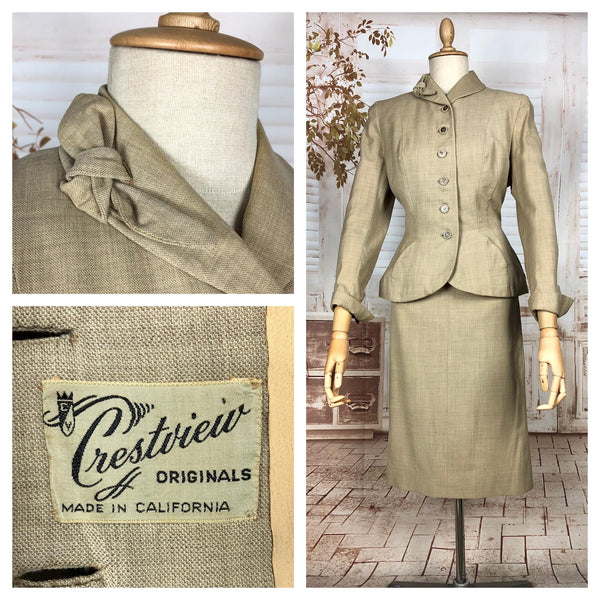 Beautiful Classic 1940s Vintage Cream Tan Summer Suit By Crestview California