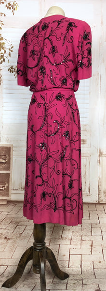 Incredible Original 1940s Vintage Fuchsia Pink Femme Fatale Dress With Black Embroidery And Sequins