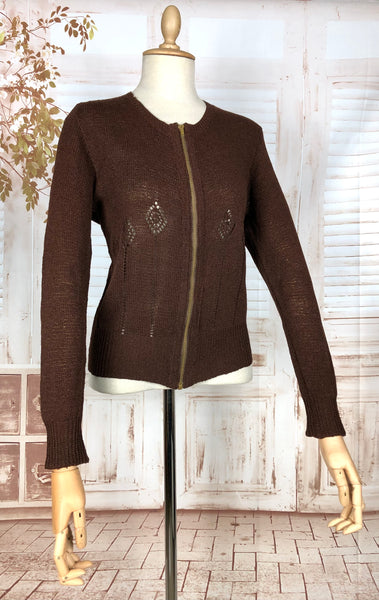 Wonderful Original 1930s Volup Vintage Chocolate Brown Lace Knit Cardigan