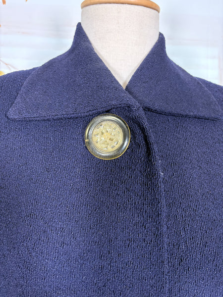 Stunning 1940s Navy Blue Boucle Swing Coat