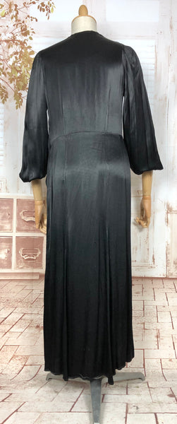 Exquisite Original Late 1930 / Early 1940s Black Silk Satin Dress With Huge Bishop Sleeves