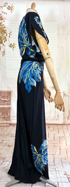 Exceptional 1940s Rayon Full Length Hawaiian Dress With Large Tropical Print