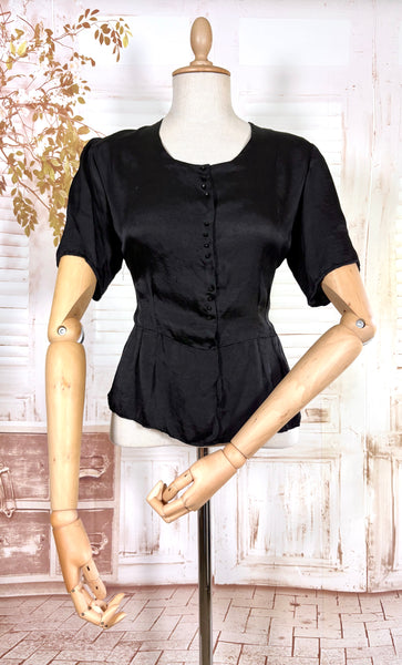 Early 1930s Black Silk Peplum Blouse – Glass Button Front Top