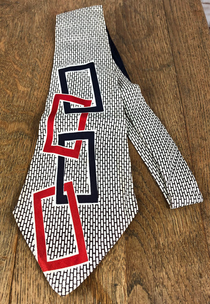 Late 1940s Early 1950s Red, Navy & White Interlocking Rectangles American Swing Tie – Berman's