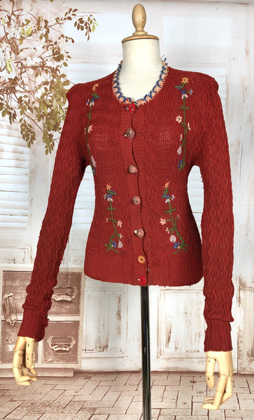 Amazing Original 1930s Vintage Rust Red Folk Embroidered Knit Cardigan