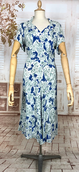 Wonderfully Vibrant Original 1940s Vintage Abstract Novelty Print Blue And White Rayon Dress