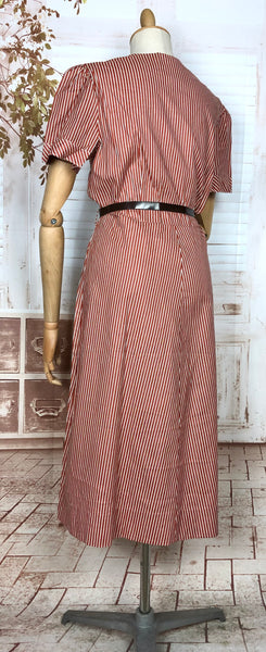 Amazing Original 1940s Volup Vintage Red And White Striped Day Dress By Happy Home Deadstock