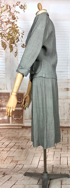 Stunning Grey 1940s Vintage Herringbone Skirt Suit With Statement Pockets By Cay Artley