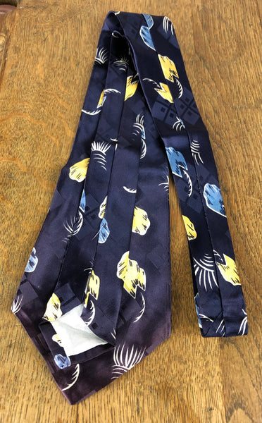 1940s Navy American Rayon Swing Tie with Blue & Yellow Abstract Leaf Print