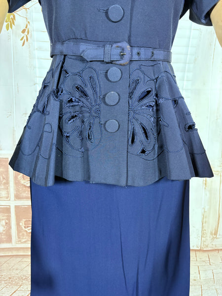 Exceptional 1940s Navy Blue Summer Suit With Pierced Peplum