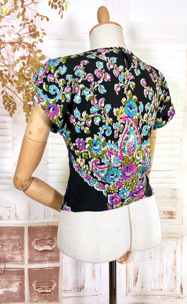 1940s Blouse – Bold Paisley & Floral Print in Magenta, Turquoise & Olive