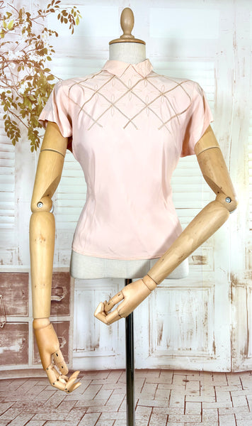 1940s Blush Pink Rayon Crepe Blouse – Lattice Openwork & Petal Embroidery