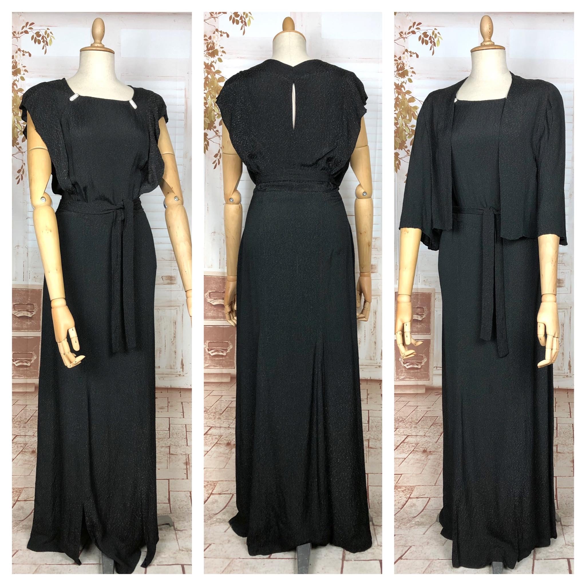 Stunning Original Late 1930s / Early 1940s Vintage Black And Gold Lamé Femme Fatale Evening Dress And Jacket