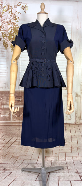 Exceptional 1940s Navy Blue Summer Suit With Pierced Peplum