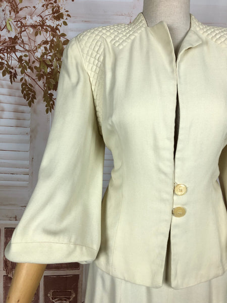 Incredible Original 1940s Vintage Off White Cream Skirt Suit With Quilted Shoulders And Huge Bishop Sleeves