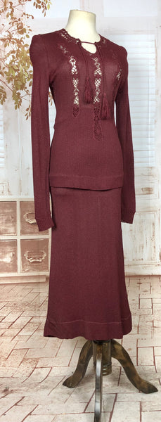 Exquisite Original 1930s Vintage Burgundy Knit Set With Lace Knit Inserts