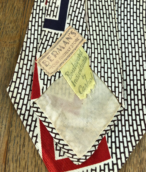 Late 1940s Early 1950s Red, Navy & White Interlocking Rectangles American Swing Tie – Berman's