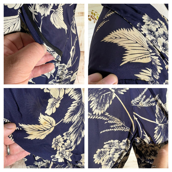Navy Blue And White 1940s Day Dress With Large Floral Print