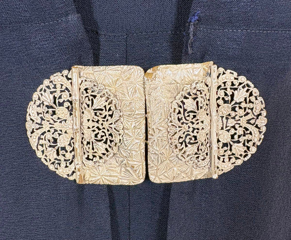 Exquisite 1930s Black Crepe Dress And Redingote Coat With Gold Filigree Buckle