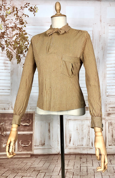 Incredible Original 1930s Vintage Mustard Yellow And Mauve Striped Rayon Jersey Blouse