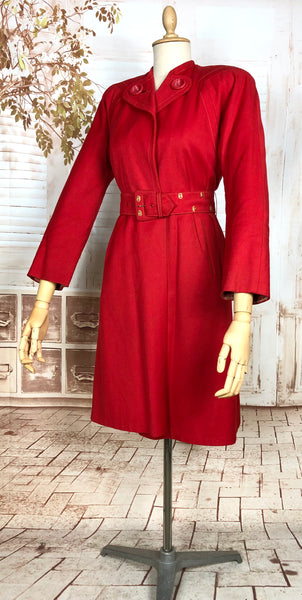 Exceptional Original 1940s Lipstick Red Coat By Gleneagles With Gold Studded Belt