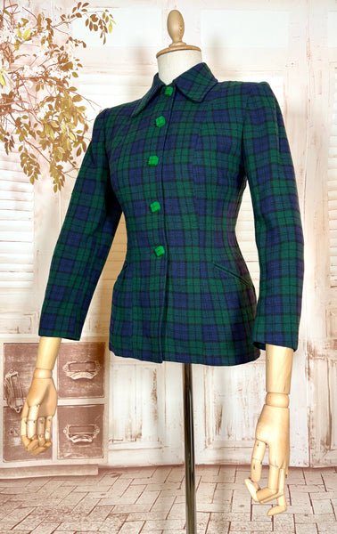 Green and Blue Tartan Plaid 1940s Blazer