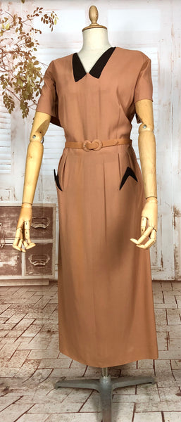 Incredible Original 1940s Volup Dress Suit In Tan With Chocolate Brown Accents