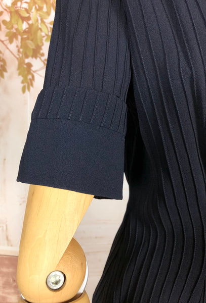 Exquisite Original 1940s Vintage Navy Blue Crepe Skirt Suit With Pin Tucks