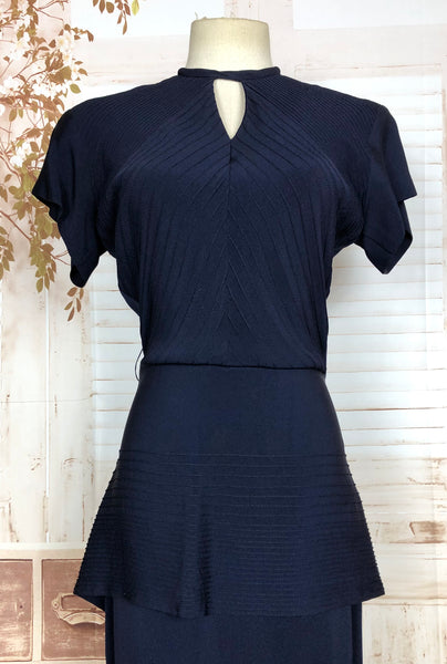 Amazing Original 1940s Vintage Navy Blue Peplum Dress With Incredible Pin Tuck Details