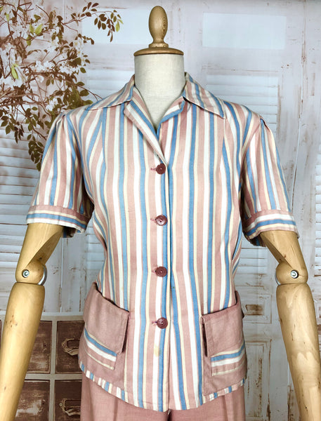 Super Rare Original Late 1930s / Early 1940s Volup Vintage Pink Candy Striped Denim Pant Suit By Edwin Blu Surf