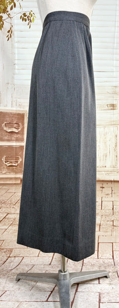 Sharply Tailored 1940s Grey Pinstripe Skirt Suit with Contrast Lapels