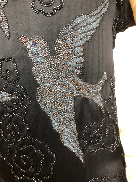 Exceptional Original 1920s Vintage Silk Satin Flapper Dress With Beaded Swallows