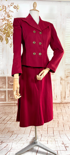 Fabulous Burgundy Red Double Breasted 1940s Skirt Suit