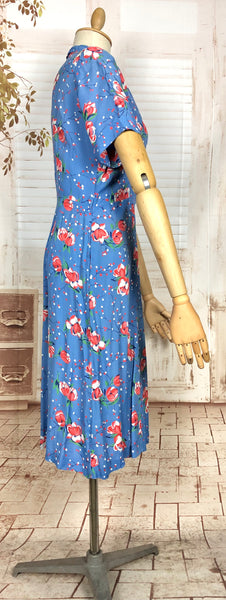 Gorgeous Original 1940s Vintage Sky Blue And Pink Magnolia Flower Print Day Dress