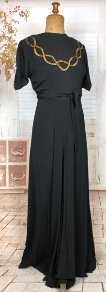 Wonderful Original Late 1930s / Early 1940s Vintage Black Evening Gown With Gold Beading